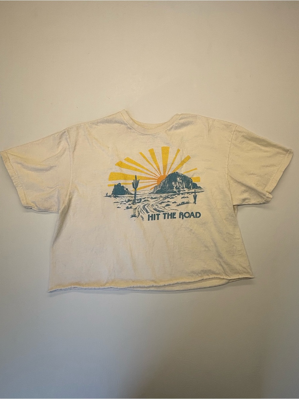 Junk Food Clothing Cream Crop Top with Yellow & Teal Graphic